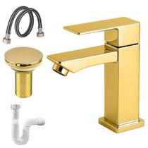 Torneira Banheiro Baixa Dourado + Válvula + Engate Sifão