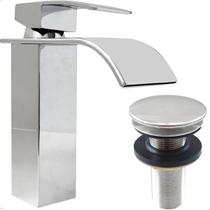 Torneira Banheiro Cascata Bica Baixa Cromada E Valvula Click 7/8 Inox Kit Monocomando Ralo Pia 30mm Torneira Banheiro Cascata Bica Baixa Cromada E Valvula Click 7/8 Inox Kit Monocomando Ralo Pia 30mm