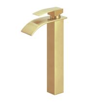 Torneira Banheiro Lavabo Cascata Alta Dourada Escovada 32Cm