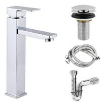 Torneira Banheiro Misturador Monocomando Bica Alta Inox Válvula Click e Kit Instalação Luxo