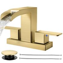 Torneira Cascata Cobbe Dourada Escovada 10cm Conjunto com 2 Manípulos