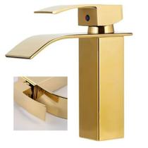 Torneira Cascata Dourada Monocomando Inox Lavabo Banheiro Luxo Mesa Bancada Misturador Agua Quente Fria