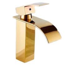 Torneira Cascata Inox Monocomando Dourado Lavabo Luxo Banheiro Misturador Mesa Bancada Agua Quente Fria