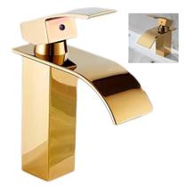Torneira Cascata Monocomando Inox Luxo Dourada Banheiro Mesa Bancada Lavabo Misturador Agua Quente Fria