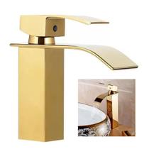 Torneira Cascata Monocomando Inox Luxo Dourado Banheiro Mesa Lavabo Bancada Misturador Agua Quente Fria