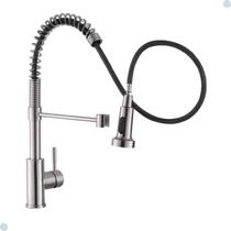 Torneira cozinha gourmet misturador monocomando extensivel aço escovado duplo spray mangueira preta