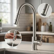 Torneira Cozinha Gourmet Monocomando Aço Inox 201 Extensível 360 Graus Água Quente e fria Gafer Prateado Escovado Bancada