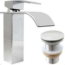 Torneira Cromada Cascata Banheiro Bica Baixa E Valvula Click 1 ¼ Inox Kit Lavabo Torneira Quadrada Monocomando Misturador Ralo Escoamento