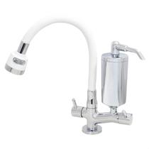 Torneira de Cozinha de Mesa Branco Com Filtro Blindado Cromado Cone Gourmet Bica de Inox Flexível