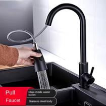 Torneira de cozinha em aço inoxidavel furo unico bico removivel cabeça de spray de fluxo giratoria 360 na cor preto - opsshopping