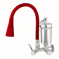 Torneira De Cozinha Metal De Parede Com Filtro e Cano Flexível Vermelho 2 Jatos Veneza