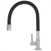 Torneira de Cozinha Pia Flexível Inox Articulado Emborrachado Preto e Volante de Metal Bancada Mesa