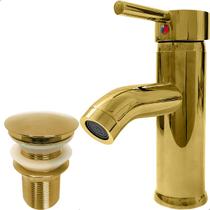 Torneira Dourada Baixa Pia Banheiro e Valvula Click 1¼ Inox Kit Lavabo Gold Luxo Torneira Monocomando Misturador Ralo Escoamento 30mm