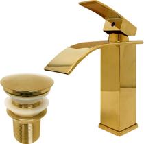 Torneira Dourada Banheiro Bica Baixa Cascata E Valvula Click 1 ¼ Inox Kit Lavabo Monocomando Misturador