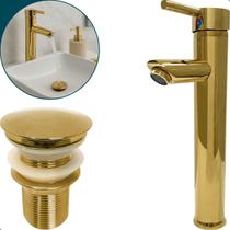 Torneira Dourada Bica Alta Para Pia Banheiro E Valvula Click 1¼ Inox Kit Lavabo Gold Luxo Torneira