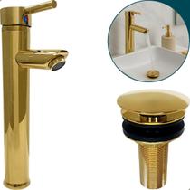 Torneira Dourada Bica Alta Para Pia Banheiro E Valvula Click 7/8 Inox Kit Lavabo Gold Luxo Torneira Torneira Dourada Bica Alta Para Pia Banheiro E Valvula Click 7/8 Inox Kit Lavabo Gold Luxo Torneira