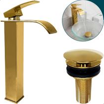 Torneira Dourada E Valvula Click 7/8 Aço Inox Kit Pia Lavabo Gold Luxo Quadrada Bica Alta Cascata Monocomando E Ralo De Pia Banheiro Escoamento Cuba