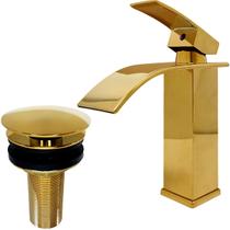 Torneira Dourada E Valvula Click 7/8 Aço Inox Kit Pia Lavabo Gold Luxo Quadrada Bica Baixa Cascata Monocomando E Ralo De Pia Banheiro Escoamento Cuba