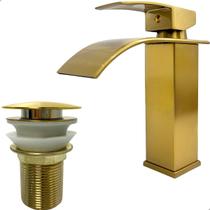 Torneira Dourada Escovada E Valvula Click 1 ¼ Aço Inox Kit Pia Banheiro Torneira Bica Baixa Cascata Gold Fosco