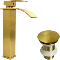 Torneira Dourada Escovada E Valvula Click 1 ¼ Inox Kit Banheiro Torneira Bica Alta Cascata Quadrada E Ralo Pia 40mm Torneira Dourada Escovada E Valvula Click 1 ¼ Inox Kit Banheiro Torneira Bica Alta Cascata Quadrada E Ralo Pia 40mm