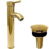 Torneira Dourada Pia Banheiro Bica Alta E Valvula Click ⅞ Inox Kit Lavabo Gold Luxo Torneira Monocomando Misturador Ralo Escoamento 30mm