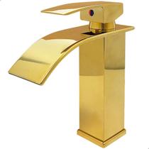 Torneira Dourada Pia Banheiro Lavatorio Bica Baixa Quadrada Inox 304 Monocomando Misturador Água Quente Fria Cuba Lavabo Bancada Gold Brilhoso Luxo