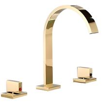 Torneira Duplo Comando Dourada Gold Ouro Luxuosa Banheiro Misturador Moderna Lavabo Quadrada Brilhante Quente e Frio Cascata Curva Acabamento Modelo