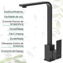 Torneira Gourmet Alta Quadrada Preta Cozinha Elegante Metal Água Quente Fria Bancada Cuba Pia