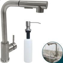 Torneira Gourmet Bica Alta Escovada E Porta Detergente 500ml Kit Pia Cozinha Aço Inox 304 Dispenser Dosador Embutir E Torneira Flexivel Monocomando