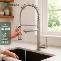 Torneira Gourmet Cozinha Inox Escovado Monocomando Spray Ducha Extensível Metal ABS Qualidade Premium Brisa com Misturador Cor Prateado