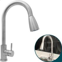 Torneira Gourmet De Cozinha Bica Alta Inox Escovado Monocomando Misturador Quente Frio Ducha Flexível Extensivo Bancada Ilha Inox 304 Fosco