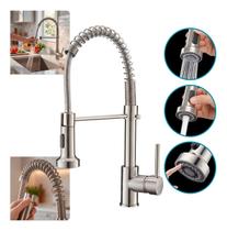 Torneira Gourmet Monocomando Cozinha Bancada Mola Spring Ducha Bica Giratória 360 Prateada Aço Inox Gafer