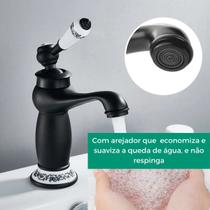 Torneira Misturador Água Quente Fria Bancada Pia Preta Metal Detalhe em Cerâmica Provençal Luxo