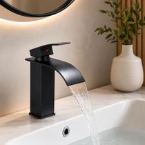 Torneira Moncomando de Banheiro para Bancada Estilo Industrial Quadrada Com Bica Cascata Preta Água Quente e Fria