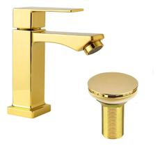 Torneira para banheiro Faucet Luxo Bica Baixa Válvula Click 7/8 cor dourado e acabamento brilhante