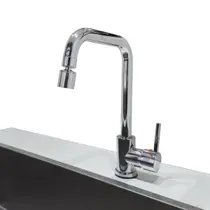 Torneira Para Cozinha Gourmet Bancada Pia Modelo Aço Inox Escovada com Bico Alto Giro 360º Com Misturador De Temperatura Monocomando + Kit Instalação