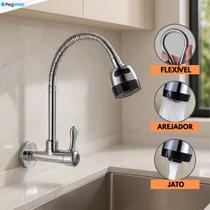 Torneira Parede Cozinha Gourmet Cromado Aço Inox Jato Arejador Fácil Instalação Super Resistente