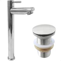Torneira Pia Banheiro Bica Alta Cromada ¼ De Volta E Valvula Click 1 ¼ Inox Kit Banheiro Torneira Fria e Ralo Pia Escoamento 40mm Cuba De Apoio So