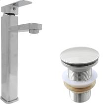 Torneira Pia Banheiro Bica Alta Inox Cromado E Valvula Click 1¼ Kit Banheiro Luxo Ralo Pia Escoamento Cuba E Torneira Misturador Monocomando