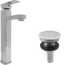 Torneira Pia Banheiro Bica Alta Inox Cromado E Valvula Click ⅞ Kit Banheiro Luxo Ralo Pia Escoamento Cuba E Torneira Misturador Monocomando