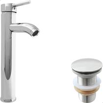 Torneira Pia Banheiro Cascata Bica Alta Cromada E Valvula Click 1¼ Inox Kit Banheiro Torneira Monocomando Misturador e Ralo Pia Escoamento 30mm