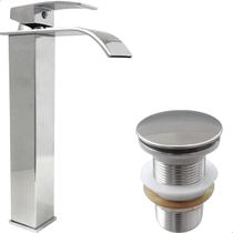 Torneira Pia Banheiro Cascata Bica Alta Cromada E Valvula Click 1¼ Inox Kit Banheiro Torneira Monocomando Misturador e Ralo Pia Escoamento 40mm