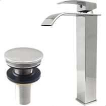 Torneira Pia Banheiro Cascata Bica Alta Cromada E Valvula Click ⅞ Inox Kit Banheiro Torneira Monocomando Misturador e Ralo Pia Escoamento 30mm