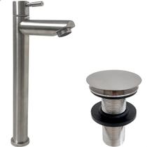 Torneira Pia Banheiro Escovada Bica Alta E Valvula Click ⅞ Inox Fosco Kit Banheiro Torneira Fria ¼ De Volta Simples e Ralo Pia Escoamento 30mm