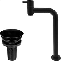Torneira Pia Banheiro Preta Bica Alta 90 Graus E Valvula Click ⅞ Inox Torneira 90 Graus Água Fria E Ralo De Pia Escoamento Kit Lavabo Preto Fosco Luxo