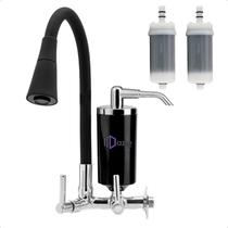 Torneira Pia Cozinha Casa Filtro Bica Flexível Preto Gourmet Metal Cone Parede 2 Jatos + Vela Refil