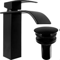 Torneira Preta Banheiro Bica Baixa Cascata Valvula Click 7/8 Inox Kit Torneira Quadrada Ralo Pia 3cm Torneira Preta Banheiro Bica Baixa Cascata Valvula Click 7/8 Inox Kit Torneira Quadrada Ralo Pia 3cm