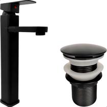 Torneira Preta Bica Alta E Valvula Click 1¼ Aço Inox Kit Pia Banheiro Luxo Ralo De Pia Escoamento E Torneira Cuba Sobrepor Monocomando Misturador