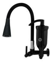 Torneira Preta Cozinha com Filtro Gourmet Tubo Fleível 2 Jatos Cone Preto Parede