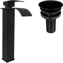 Torneira Preta Pia Banheiro Bica Alta Cascata E Valvula Click 1¼ Inox Torneira Quadrada Monocomando Misturador Ralo De Escoamento Kit Lavabo Preto